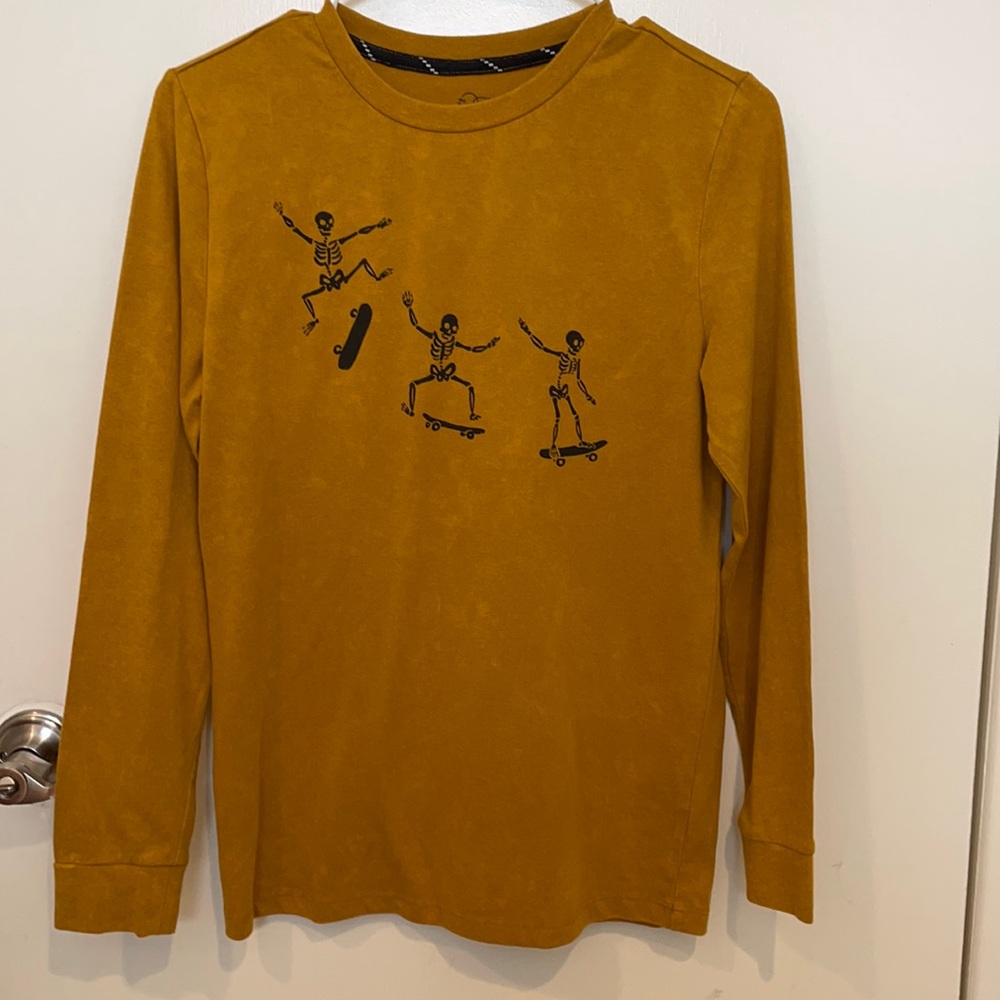 Mustard long sleeve skateboarding skeletons